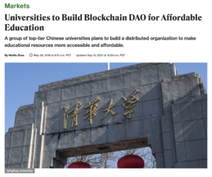 A screenshot of a CoinDesk article titled Universities to Build Blockchain DAO for Affordable Education.